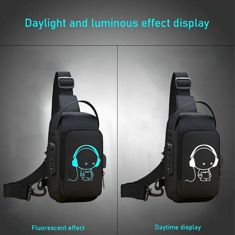 Men's Luminous Printed Chest Bag with Password Lock Design, Suitable for Commuting, Business, Daily Life, Cycling, Etc