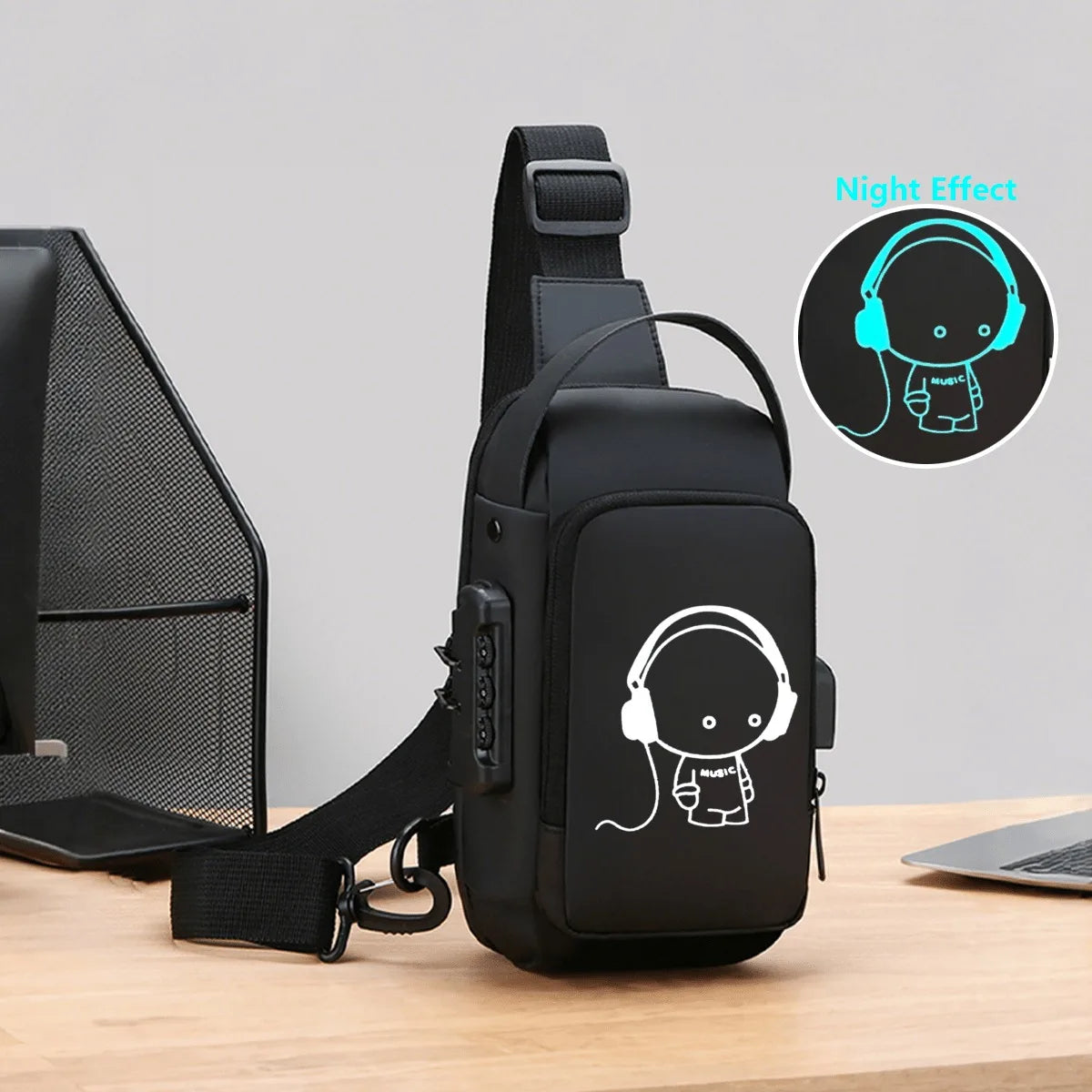 Men's Luminous Printed Chest Bag with Password Lock Design, Suitable for Commuting, Business, Daily Life, Cycling, Etc