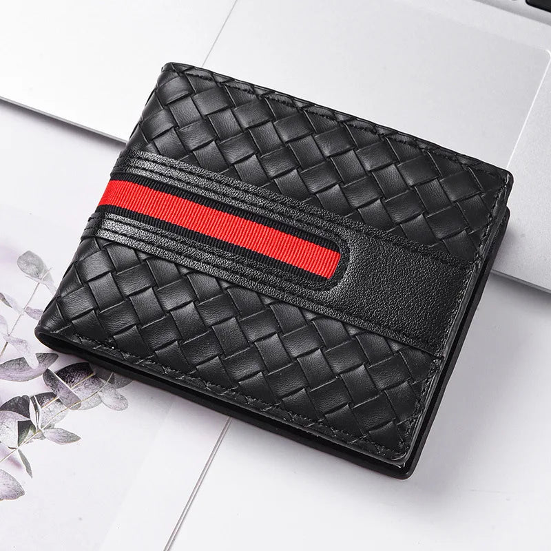 New men's ultra-thin hand woven multi slot three fold leather wallet, card bag, fashionable and simple coin purse