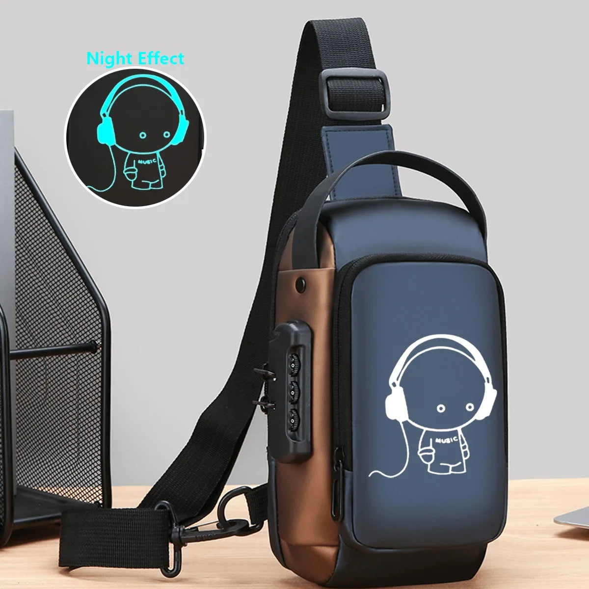 Men's Luminous Printed Chest Bag with Password Lock Design, Suitable for Commuting, Business, Daily Life, Cycling, Etc