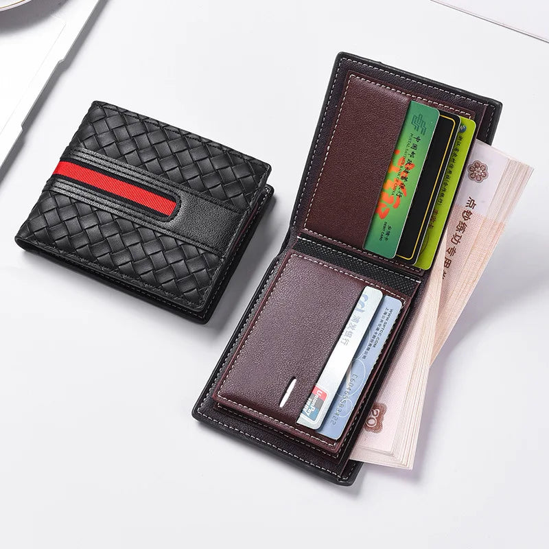 New men's ultra-thin hand woven multi slot three fold leather wallet, card bag, fashionable and simple coin purse