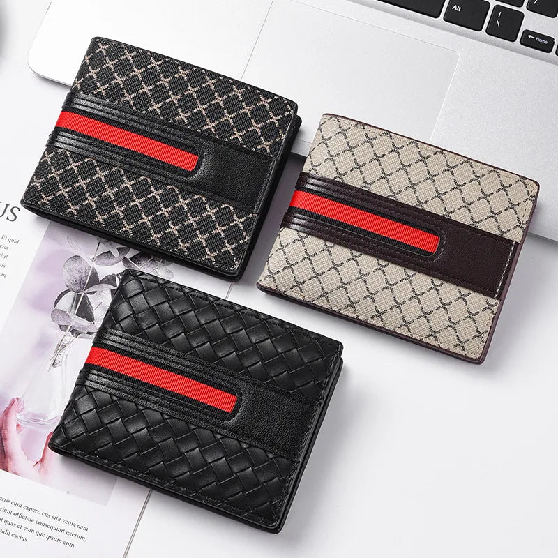 New men's ultra-thin hand woven multi slot three fold leather wallet, card bag, fashionable and simple coin purse
