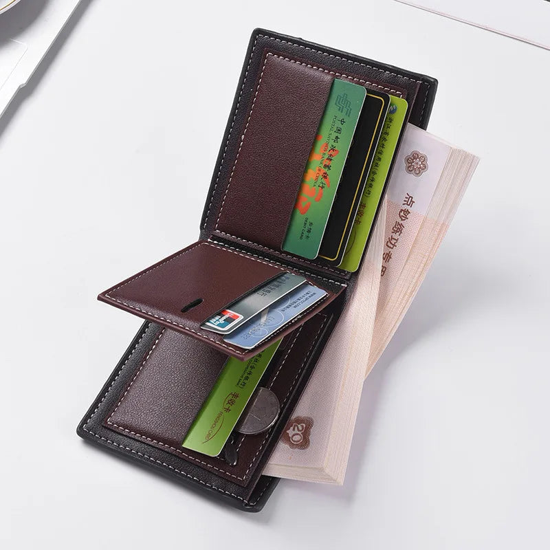 New men's ultra-thin hand woven multi slot three fold leather wallet, card bag, fashionable and simple coin purse