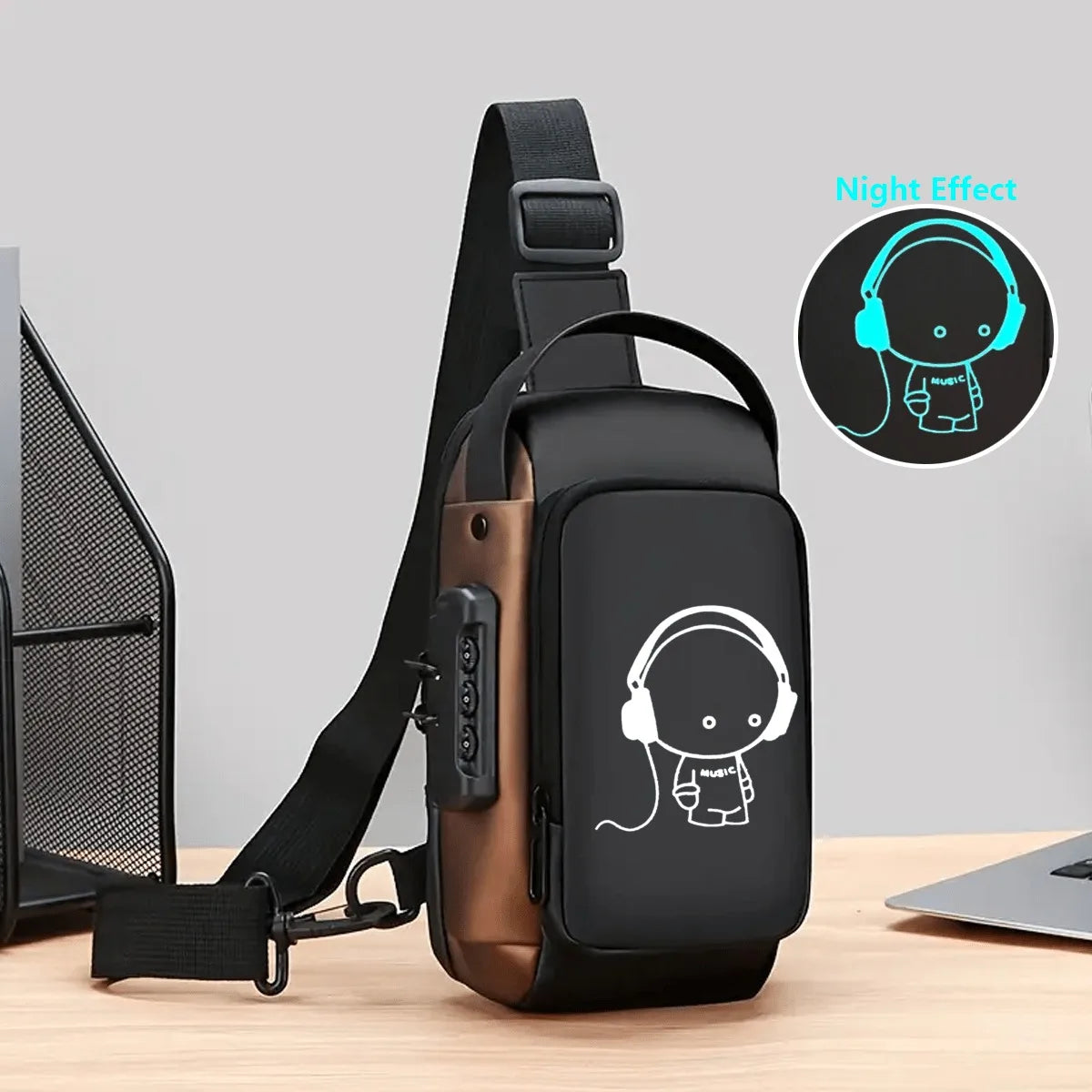 Men's Luminous Printed Chest Bag with Password Lock Design, Suitable for Commuting, Business, Daily Life, Cycling, Etc